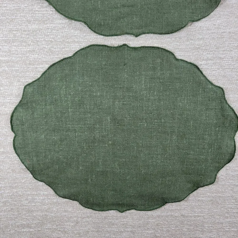 VTG Williams Sonoma Linen Placemats Sage Green Scalloped Edge Oval Set of 4